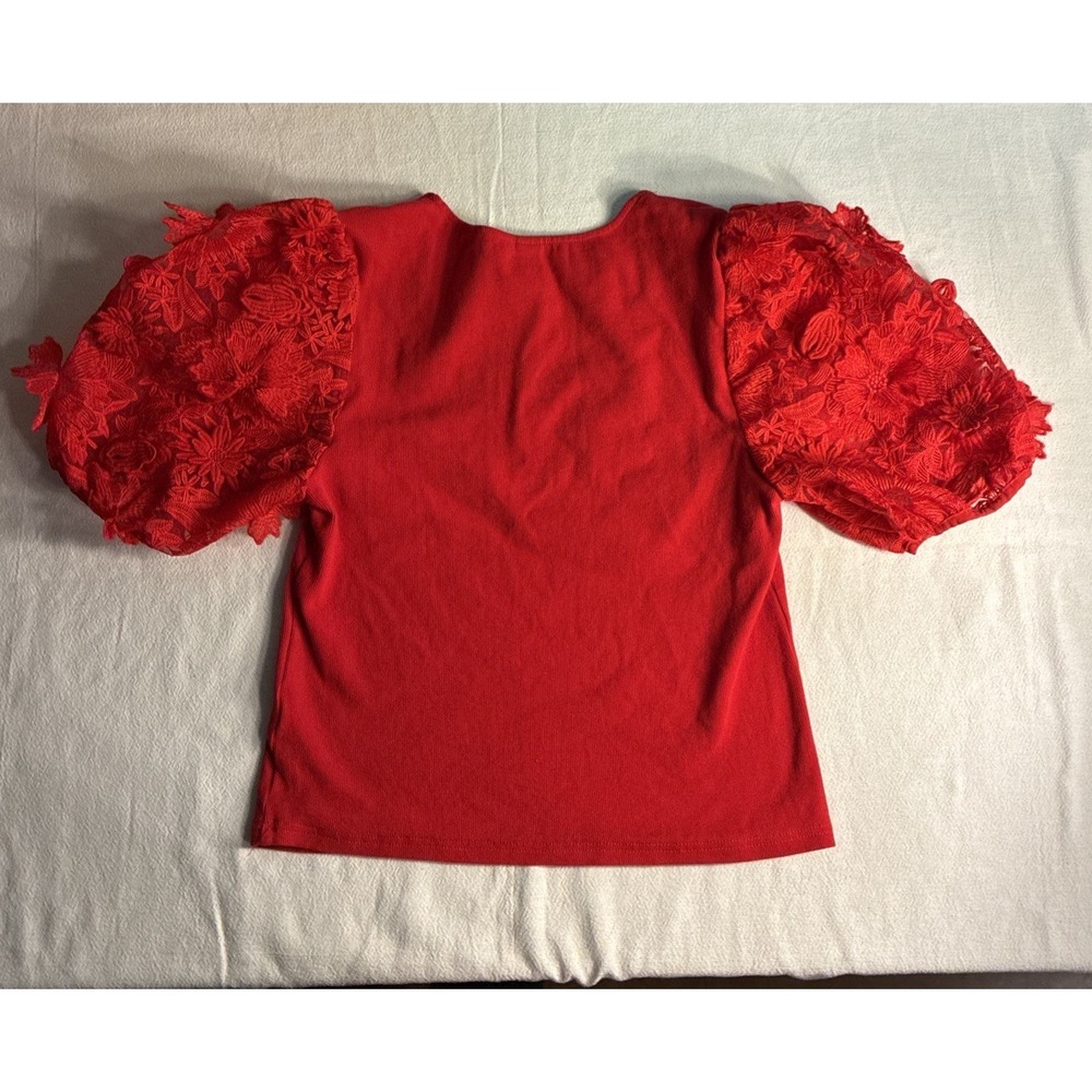 Dolan Women's Top Large Red Lace Puffy Sleeve Blouse Whimsical Romantic Feminine - Picture 6 of 9